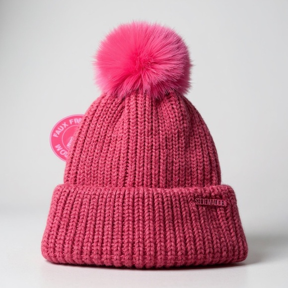 Steve Madden Accessories - Steve Madden Pink Flash Pom Knit Beanie